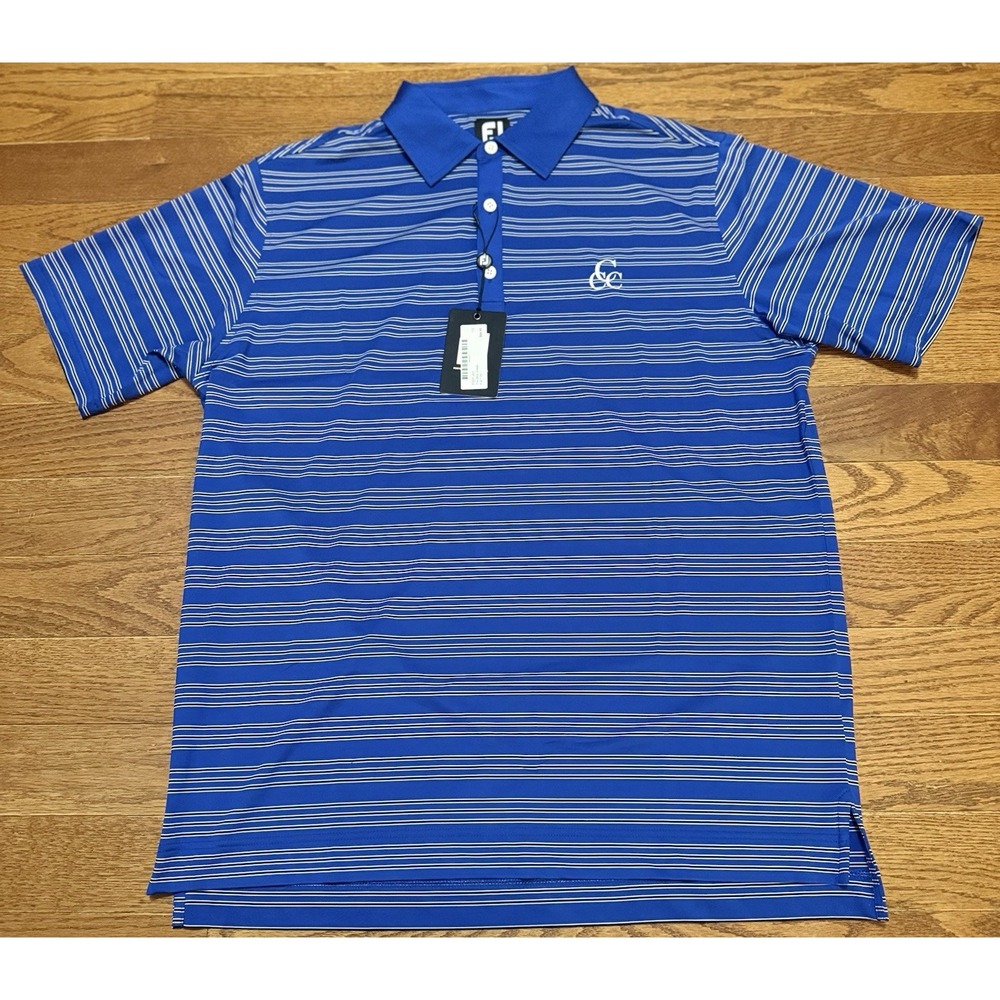 NEW Footjoy Mens L Blue Striped Polo Shirt Stretch Performance Golf Embroidered - Picture 2 of 10
